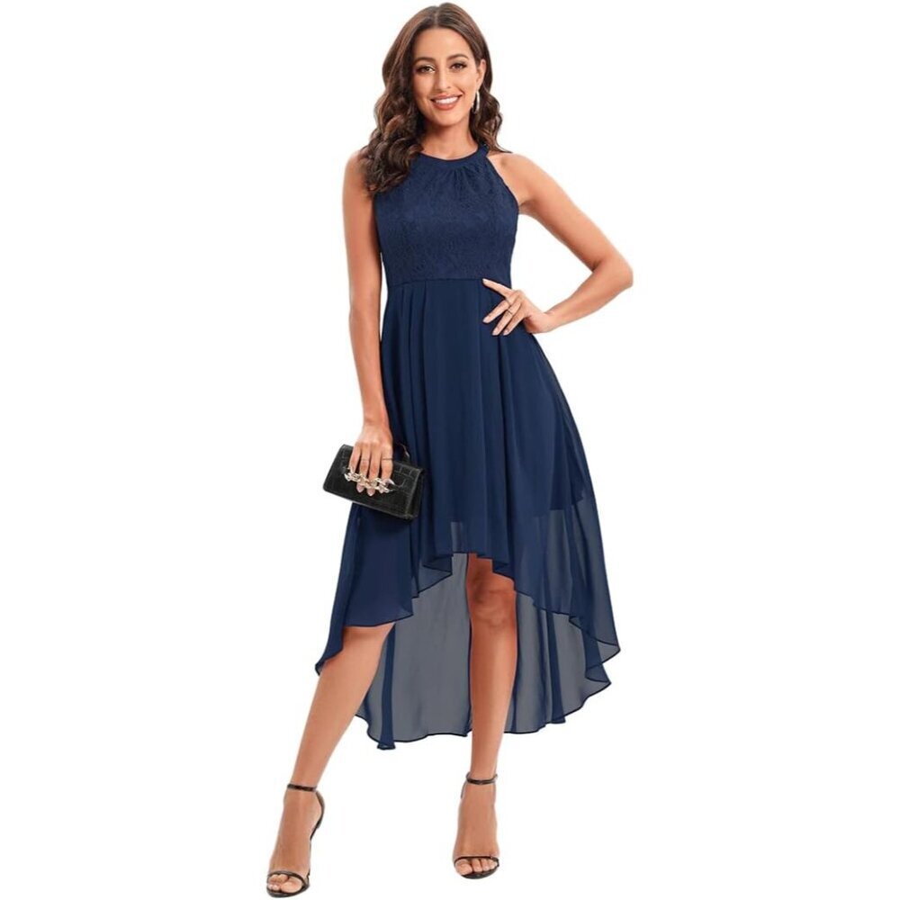 Women High Low Cocktail Dress Floral Lace Chiffon Sleeveless Bridesmaid